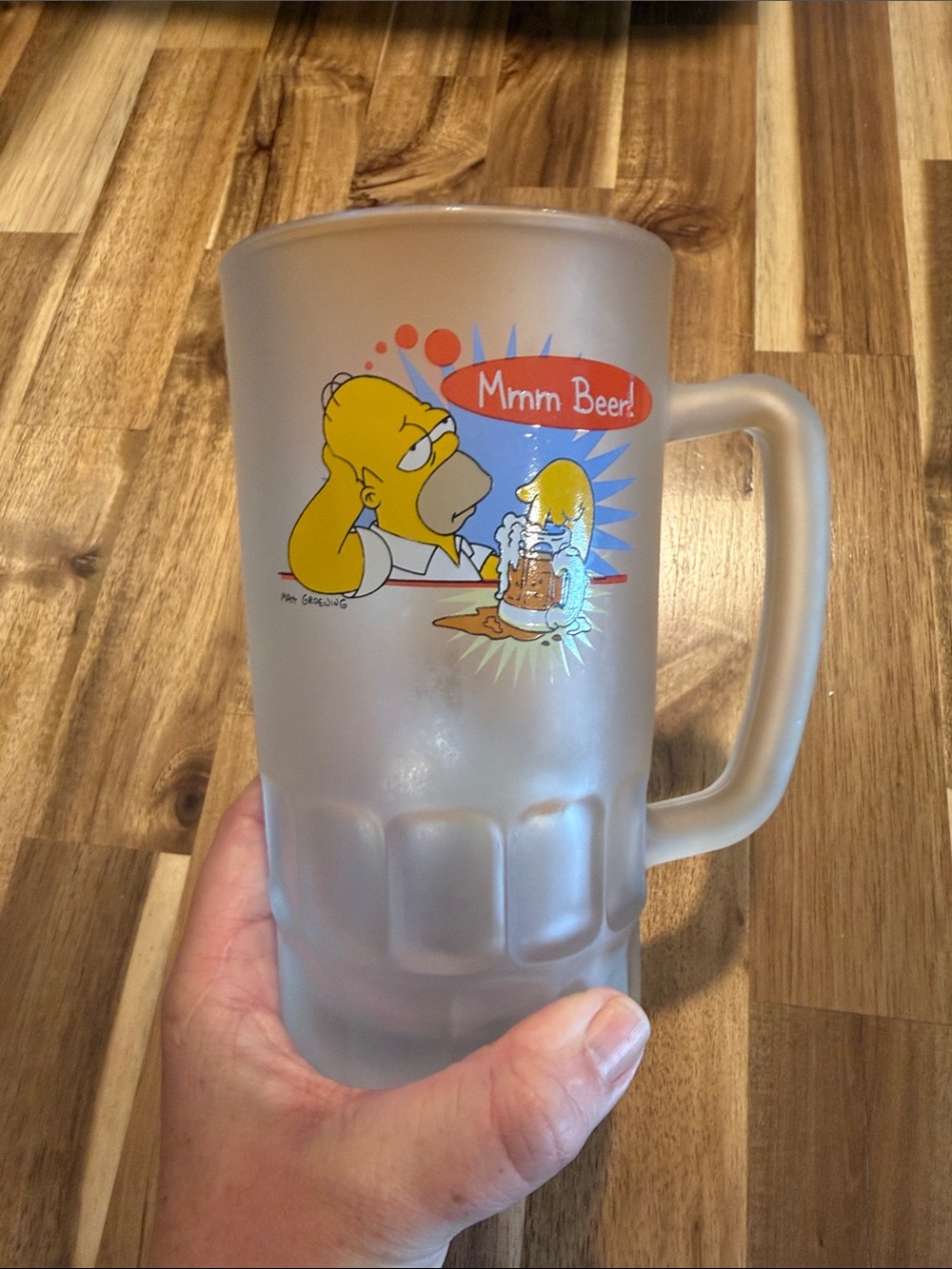 1998 two sided  HOMER SIMPSON Mmm Beer / In Your Face!! Frosted Glass Mug